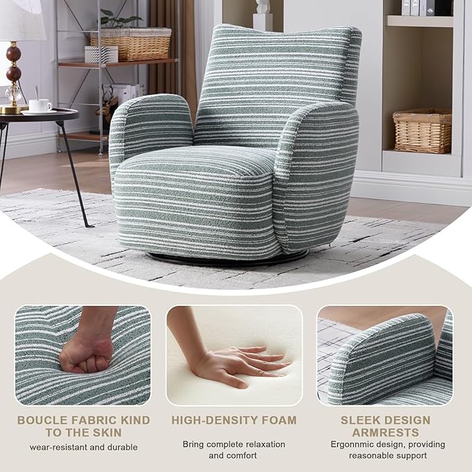 360° Swivel Accent Chair with Armrest Modern Striped Upholstered Lounge Chair Stable Round Base &amp Sturdy Metal Frame Armchair for Bedroom Living Room Office &amp Vanity (Mint Green)