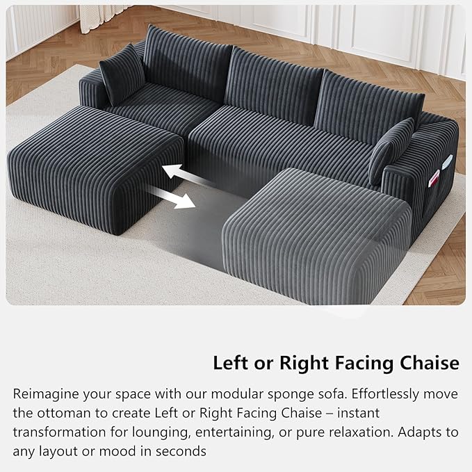 108 Boneless Couch Modular Sectional Couches for Living Room L Shaped Deep Seat Chaise with Side Pockets No Assembly Required Plush Corduroy Fabric Sleeper Sofa for Apartments Dark Grey