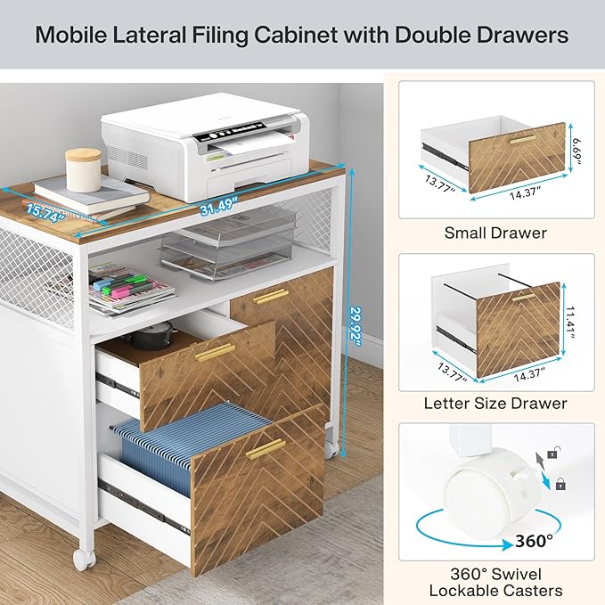 Tribesigns Modern File Cabinet with Drawers for Letter-Sized File and Door lateral Filing Cabinet Printer Stand with Storage Shelves and with Rolling Caster for Home Office