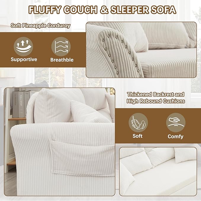 64 Queen Pull Out Futon Sofa Bed with USB Ports 3-in-1 Modern Convertible Sleeper Sofa with Side Pocket ＆ Rivets Comfy Corduroy Loveseat Couch for Living Room Bedroom Apartment (Queen White)