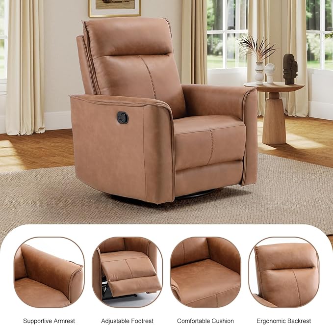 EBELLO Swivel Rocker Glider Chair Nursing Swivel Glider Rocking Recliners with Overstuffed Backrest Faux Leather Manual Reclining Sofa for Living Room Bedroom Apartment Brown