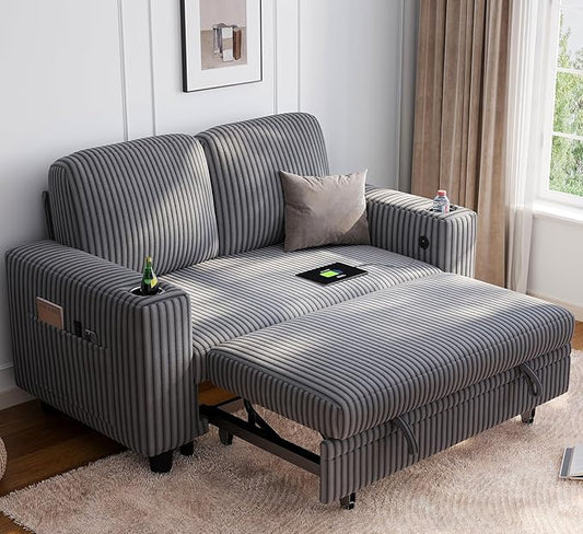 LINSY HOME Loveseat Sofa with Pull Out Couch: 2-in-1 Convertible 2 Seater Sofa Chaise with USB Charging &amp Cup Holders Comfy Plush Corduroy Love Seat for Small Spaces Living Room Apartment Grey