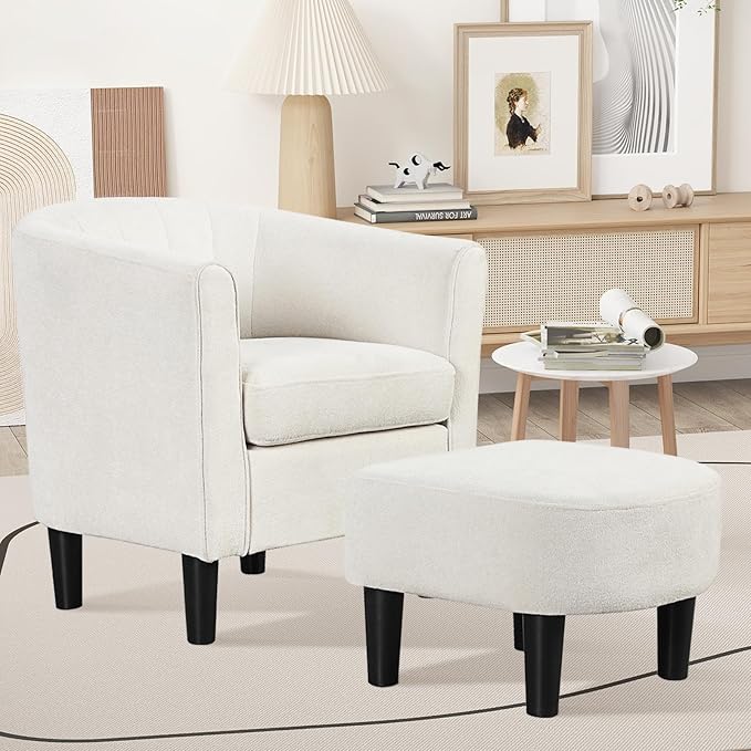 KOMFOTT Accent Chair with Ottoman Upholstered Teddy Velvet Barrel Chair with Footrest Comfy Club Sofa with Curved Backrest Thick Seat Cushion Modern Arm Chair for Living Room Bedroom Beige
