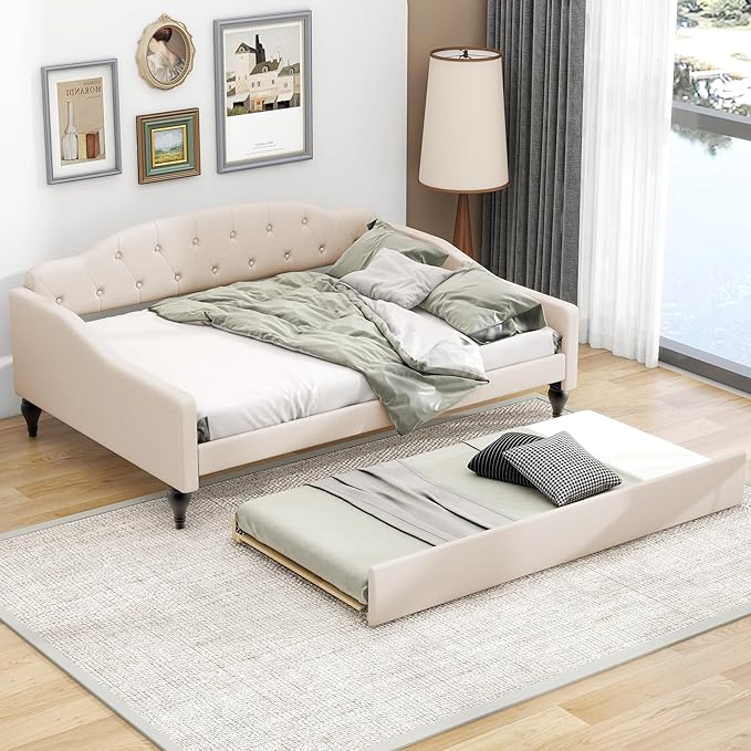 MERITLINE Upholstered Full Size Daybed Frame with Twin Size Trundle Modern Linen Button Tufted Daybed Wooden Full Sofa Daybed Frame for Living Room Bedroom No Box Spring Needed Beige