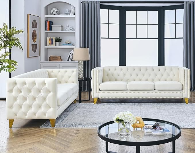 Antetek Comfy Upholstered Couches for Living Room 80-inch Modern Button Tufted 3-Seater Sofa w/Square Arm 4 Golden Metal Legs and Gold Nail Heads for Living Room Office Apartment Beige