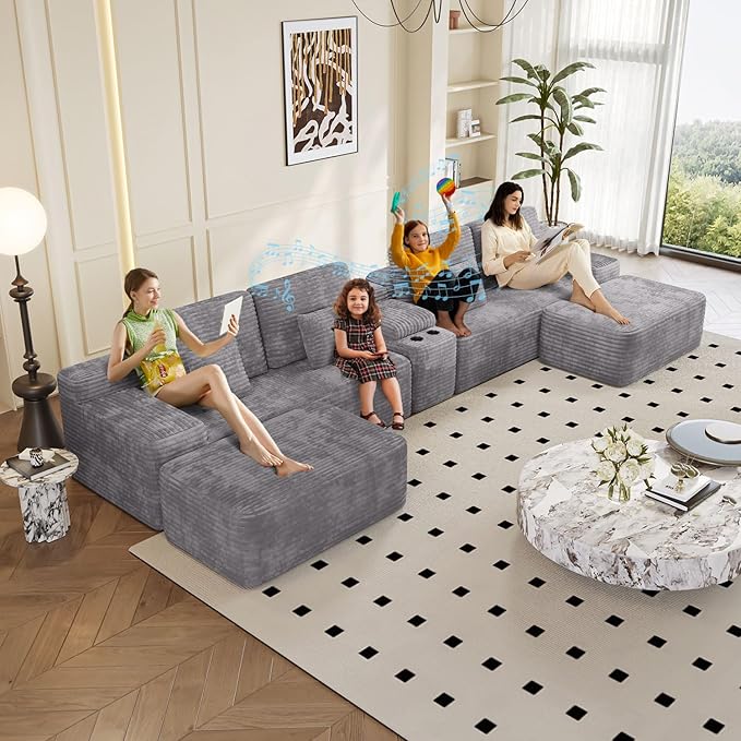 150 Modular Sectional Sofa with 2 Ottoman 5-Piece Cloud Sectional Couch with Console Storage USB Bluetooth Speaker &amp Cup Holder U Shaped Boneless Couches for Living Room Furniture Light Gre