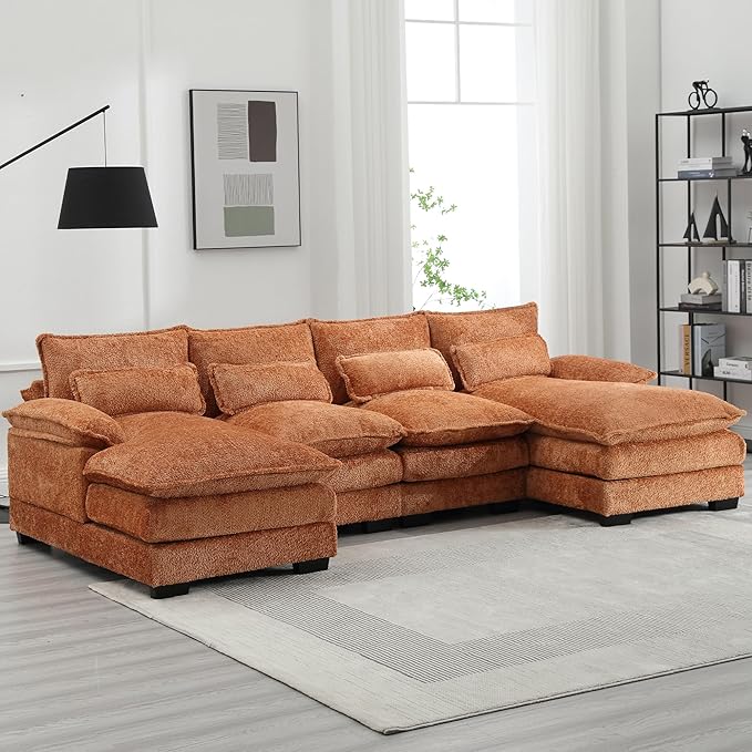 110'' U-Shaped Sectional Couch Modern Chenille Extra Large Modular Sofa with 4 Cushions Memory Foam Funiture Set with Double Lounger for Living Room Office Reception Room Orange