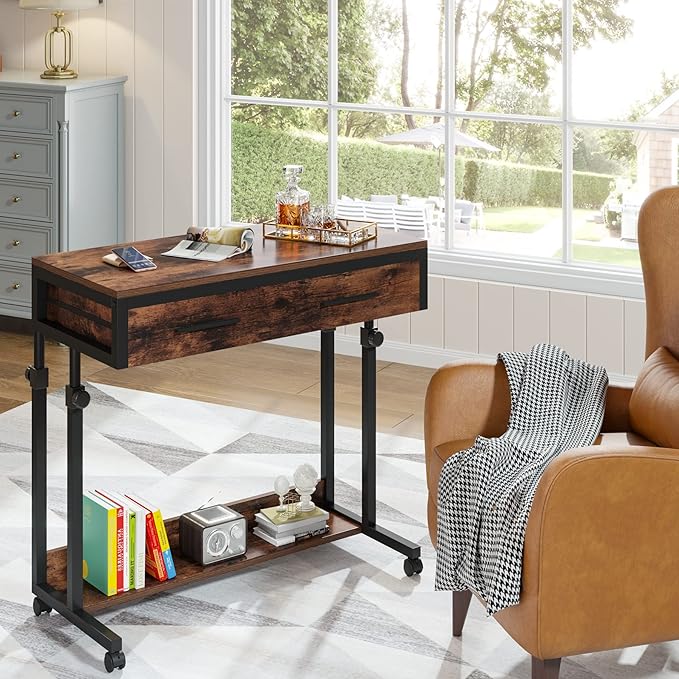 Tribesigns Portable Desk with Drawers Mobile Laptop Desk with Wheels Sofa Side Table Small Portable Standing Rolling Table for Home Office