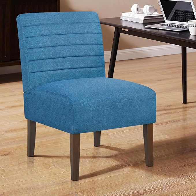 Slipper Accent Chair Modern Armless Lounge Chair with Wood Legs Upholstered Makeup Vanity Tufted Side Chair Fabric Comfy with Decor Back for Living Room Bedroom Patio (Horizontal Back Blue)