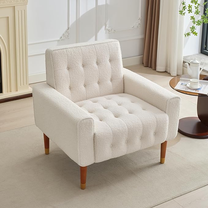 JOSHEN 33 Modern Accent ChairComfy Boucle Living Room Chairs with Solid Wood FrameLounge Reading ArmchairBeige