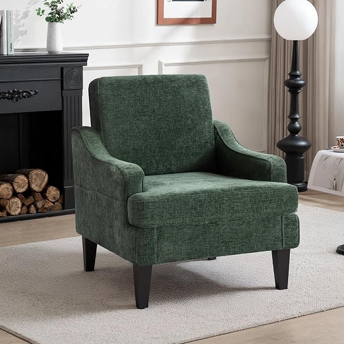 Set of 2 Accent Chair for Living RoomMid-Century Arm Chair Chenille Fabric Living Room ChairsUpholstered Reading Chair for BedroomSingle Sofa Chair with Wood Legs for Apartment (Green)