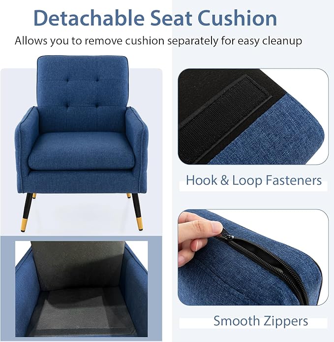 Giantex Modern Mid-Century Accent Chair Set of 2 - Upholstered Armchair with Tufted Back Metal Legs Adjustable Foot Pads Fabric Single Sofa Chair for Reading Living Room Chair for Bedroom Blue