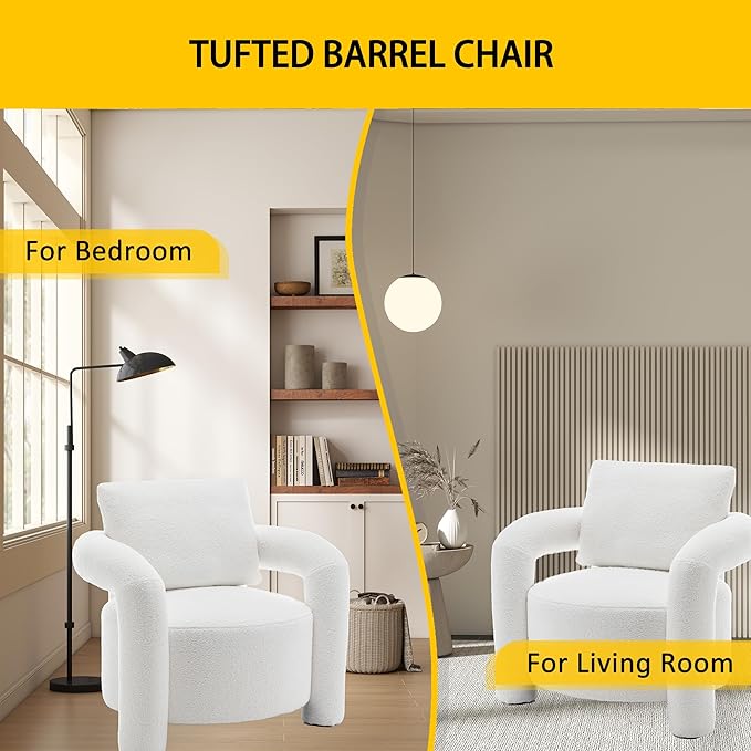 Modern Sherpa Boucle Accent ChairTeddy Upholstered ArmchairVanity Chair Single SofaCozy Fluffy Reading Chair for Living RoomVanityOfficeBedroomCorner(White)