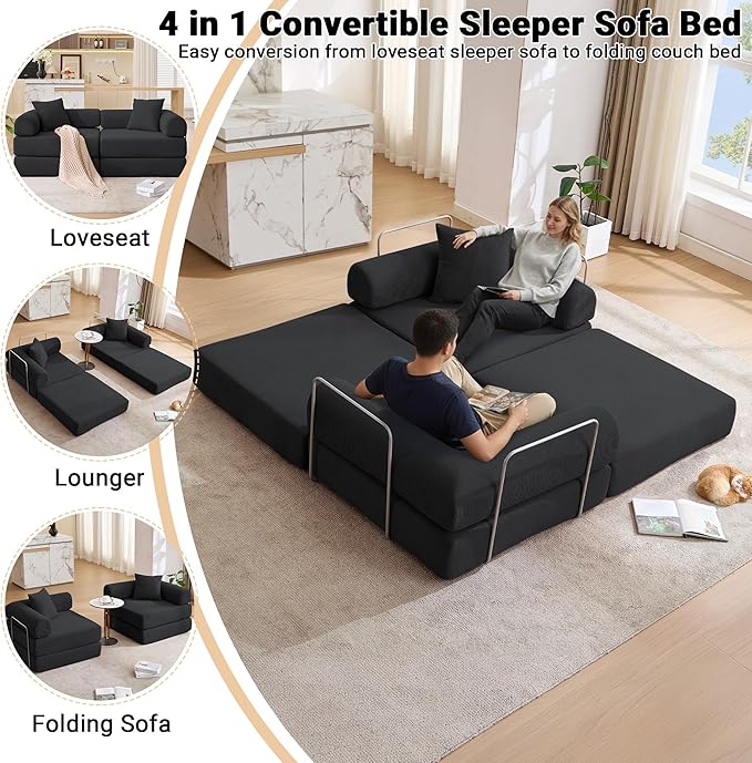 73 Convertible Sleeper Sofa Bed Corduroy Boneless Couch in a Box 4-in-1 Folding Mattress Loveseat Couch Comfy Modular Foldable Floor Sleeper Sofa with 2 Pillows and Fixed-Shape Frame (Black 73)
