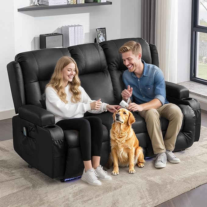 URRED Power Reclining Loveseat Sofa with Console RV Couch Loveseat Recliner Sofa with Massage &amp Heat LED Light Cupholders Bluetooth Speakers USB Charge Ports Outlets Faux Leather Black