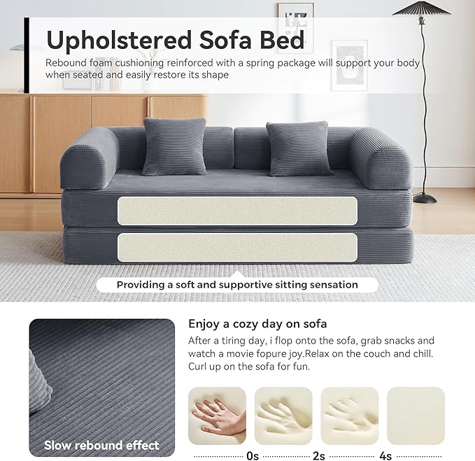 Sofa Bed Corduroy Sleeper Sofa Bed with Fixed Frame Floor Sofa Lounge with Pillow Convertible Folding Mattress Couch for Living Room Bedroom Lounge Studio (Dark Grey)