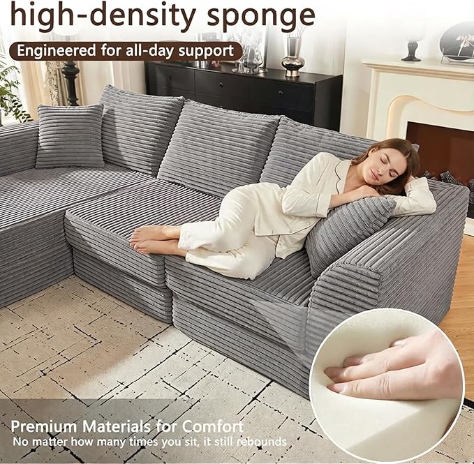 102 L-Shaped Modular Corduroy Cloud Sofa 3-Seater with Reversible Chaise Modern Deep Seat Memory Foam Boneless Cushion for Living Room Apartment Bedroom No Assembly Required