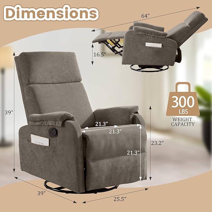 Swivel Rocking Recliner with Massage Small Glider Chair for Nursery Modern-Designed Armrests Chair for Adults Living Room Chenille Brown