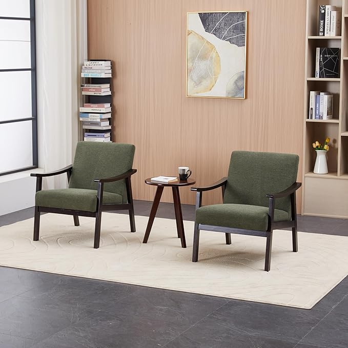 Mid Century Modern Accent Chair with Solid Wood Legs Comfy Leisure Reading Chairs for Living Room Lounge Seat Arm Chair for Office Bedroom (Antique Green)