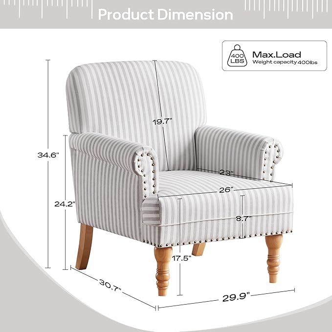 HUIMO Linen Fabric Accent Chairs Set of 2 Mid-Century Modern Armchair with Solid Wood Legs Single Sofa ChairUpholstered Reading Club Chair (2 Light Grey and White Stripe)