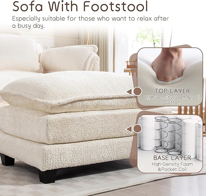 KEIKI Boucle Accent Chair with Storage &amp Ottoman Oversized Reading Arm Chair w/Double Cushion Modern Side Deep Seating Chairs Set Corner Comfy Lounge Armchair for Living Room Bedroom White