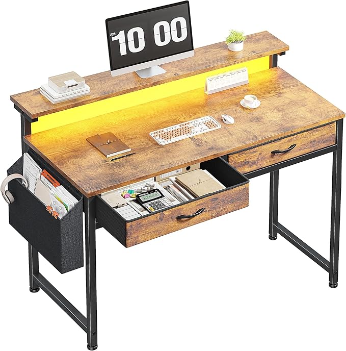 Gaming Desk with LED Lights &amp 2 Fabric Drawers 39.4Inch Home Office Computer Desk with Side Pocket &amp Ergonomic Monitor Stand Small Space Study Writing Table with Anti-Tip Design Rustic Brow