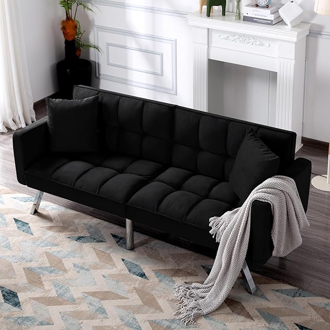 78 Modern Sofa Bed FutonConvertible Sleeper Bed Couch with 4 Reclining BackrestComfy Velvet Cloud Sofa Loveseat for Living Room Bedroom Office (Black)
