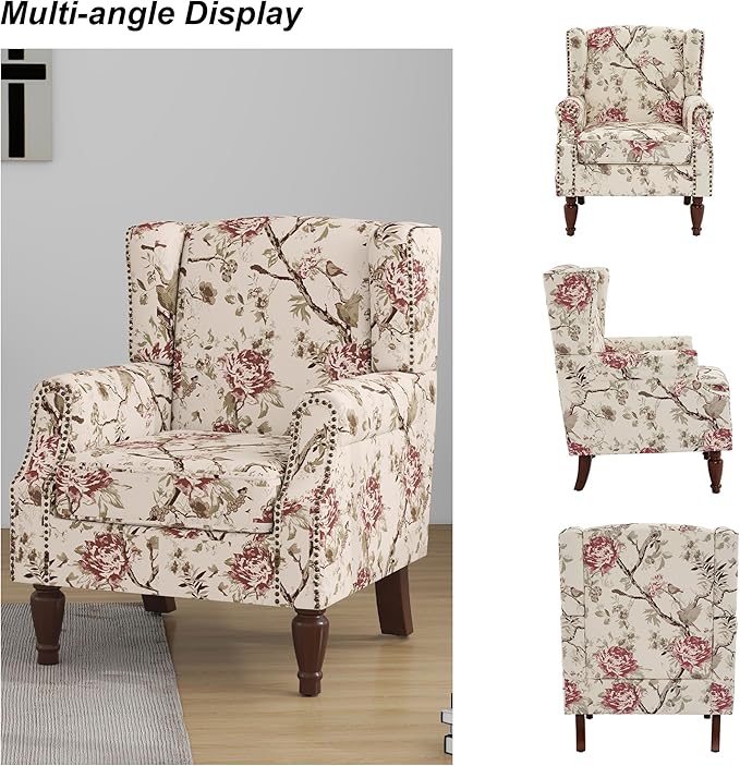 Floral High Back Accent Chair Upholstered Armchair with Solid Wood Legs Comfy Wingback Reading Single Sofa Chair for Small Spaces Living Room Bedroom(Floral Beige Set of 2)