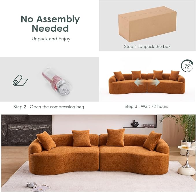 Oversized Sectional Sofa for Living Room 110 Modern Luxury Plush Chenille Sofa 4-Seater Extra Deep &amp Wide Seat Curved Cloud Couch with 4 Throw Pillows Orange