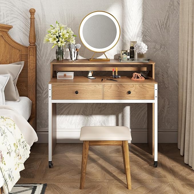 Giantex Small Computer Desk with Hutch &amp Drawers Extendable Writing Desk w/Pull Out Secondary Table Monitor Stand &amp Rolling Wheels Console Table Compact Desk for Small Spaces (Natural)