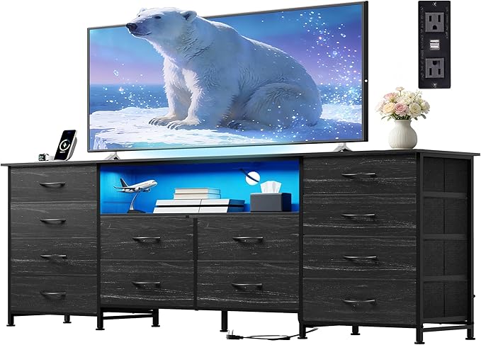 Black TV Stand for 65 70 75 inch TV Entertainment Center with LED Lights &amp Charging Station TV Media Console Table with 12 Fabric Drawers and Open Shelves for Living Room Hallway