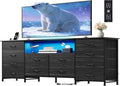 Black TV Stand for 65 70 75 inch TV Entertainment Center with LED Lights &amp Charging Station TV Media Console Table with 12 Fabric Drawers and Open Shelves for Living Room Hallway