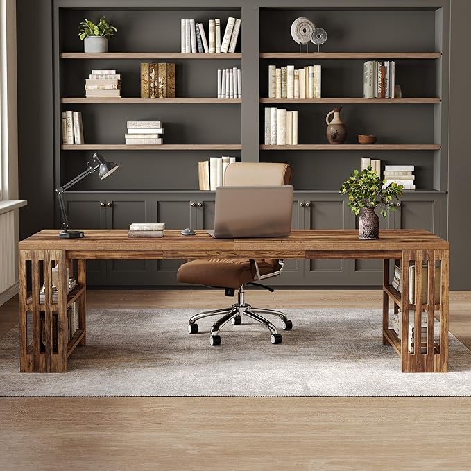 LITTLE TREE 78.7 Long Desk 2 Person Desk with Shelves Large Wooden Computer Desk Heavy Duty Shelf Legs Design for Two Person Home Office Business Workstation Brown (78.7 W x 23.6 D)