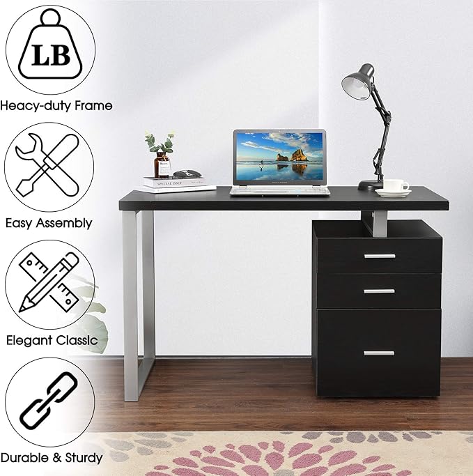 47.5 Office Desk Home Computer Desk with Reversible File Cabinet with Sliding Track Drawers Wooden Laptop Table with Metal Leg for Study Work