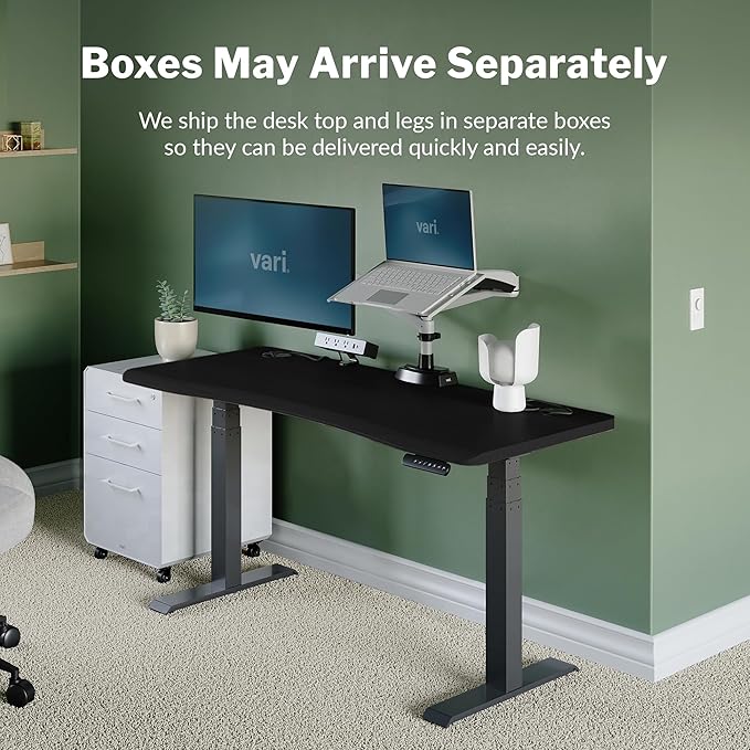 Vari Ergo 54x26 Electric Standing Desk – Height Adjustable Sit Stand VariDesk + Curved Waterfall Edge 4 Memory Settings Quick Assembly Cable Management 200 lb Capacity – Black (2 Boxes)