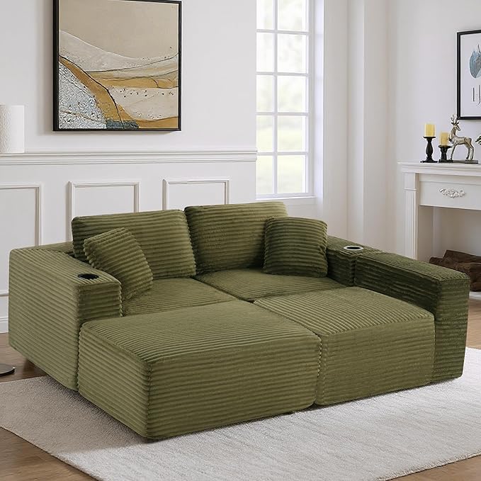 110”Modular Sectional SofaCloud Boneless Couch with Deep SeatModern Modular L-Shape Sofa Couch with 0ttomanUpholstered Couches for Living Room Bedroom (Green)