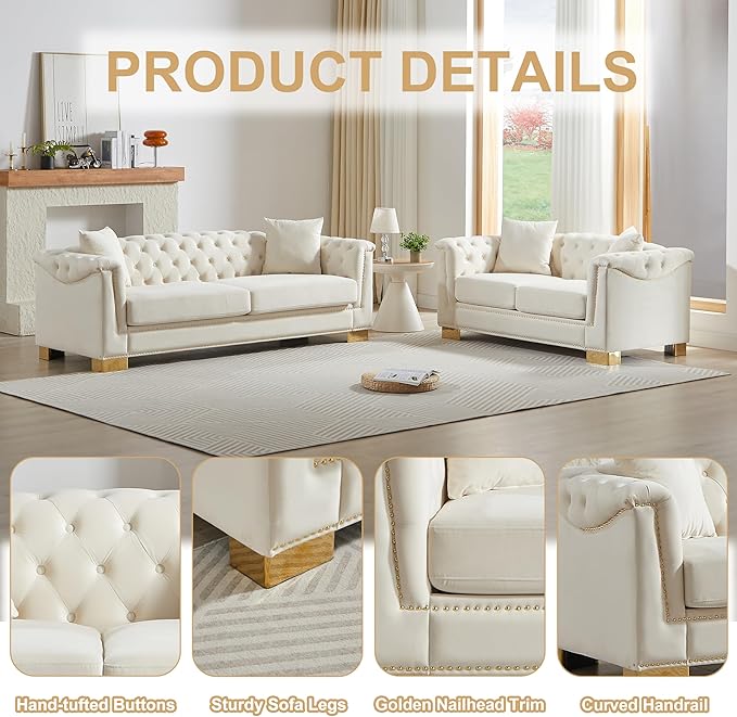 2 Pieces Chesterfield 84 3-Seater + 62 Loveseat Beige Velvet Combination Sofa Sets 4 Cushion Classic 6.5 Rolled Arm Modern Couch Suitable for Living Room