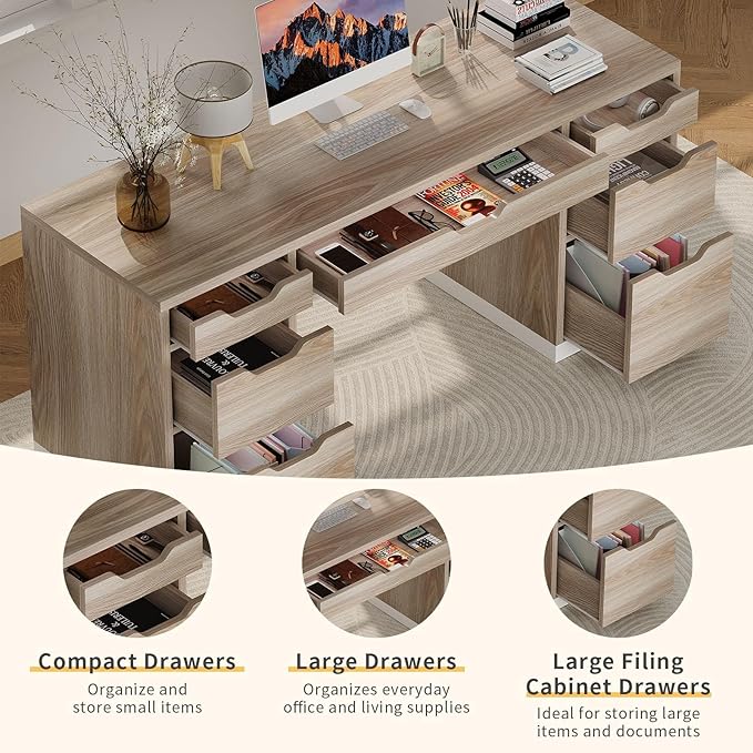Computer Desk with Drawers 54 Inch Small Office Desk with 7 Drawers for Bedroom Executive Desk with Stoarge Drawers for Work Study Writing Small Spaces Walnut