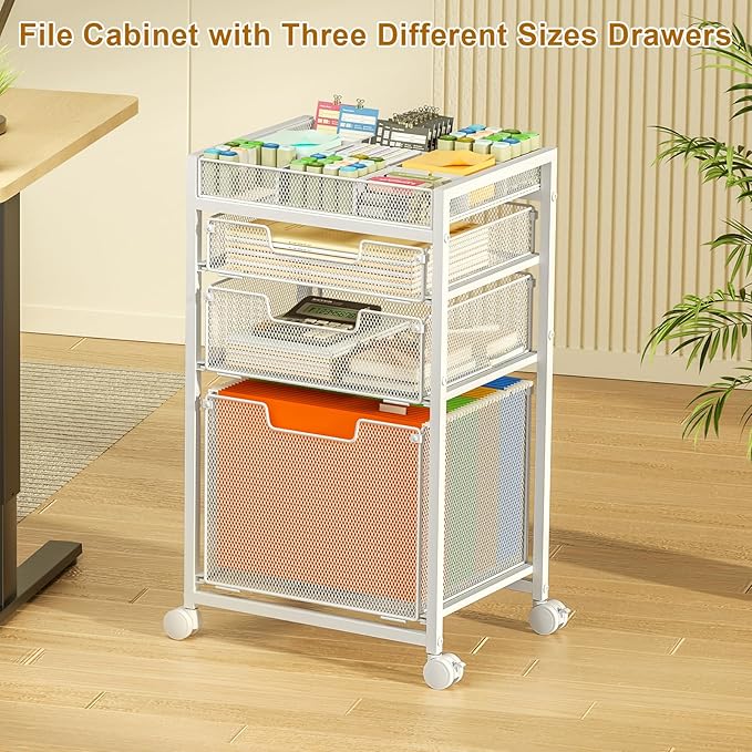 Rolling File Cart with 3 Storage Drawers Under Desk Filing Cabinet with DIY Divider Hanging File Folder Organizer on Wheels Fits A4/Letter Size Metal Utility Cart for Home Office White