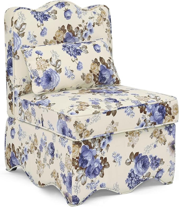 TTK Flannel Upholstered Accent Chair - Retro Single Sofa Chair with Floral Pattern Armless Lounge Chair with Removable Cushion &amp Pillow Comfortable Dining Chair for Living Room (Blue)