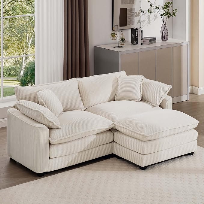KEIKI 80 L-Shaped Oversized Corduroy Modular Sectional Loveseat Sofa with 1 Ottoman High-Density Foam Cushions Removable Armrests Upholstered 2-Seater Couch with 4 Pillow for Living Room Beige