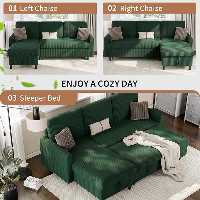 Walsunny Sectional Sofa Couch L Shaped Sleeper Sofa Bed Pull Out Bed with Storage Reversible Sectional Couches for Living Room Apartment Office(Green)