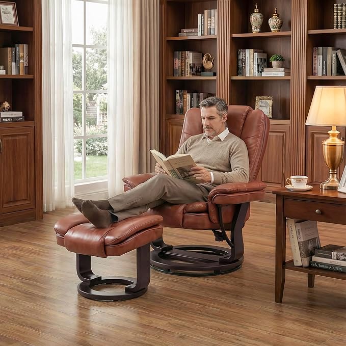 Argus Swivel Recliner with Ottoman PU Leather &amp Wood Base Reclining Chair with Footrest Ultra-Plush Double Foam for Living Room Bedroom and Office Set of 1