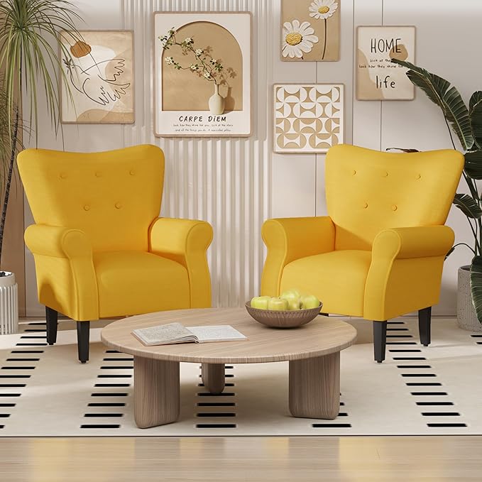 MELLCOM Mid Century Wingback Arm ChairModern Upholstered Fabric High Back Accent Chair with Wood LegsUpholstered Single Sofa Club Chair for Living Room Bedroom Home Office Yellow