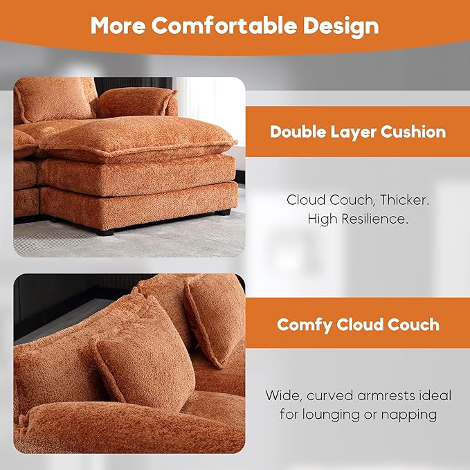 77 L Shaped Modular Sectional Sofa Comfy Upholstery Chenille Cloud Couch Loveseat with Ottoman Modern 3-Seat Deep Seat Sofa with Pillow for Living Room Bedroom Apartment Orange