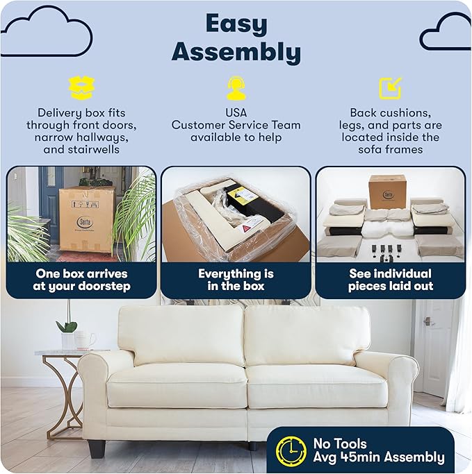 Serta Copenhagen 78 Rolled Arm Sofa Easy Care Polyester Soft Pillow Back Pocket Coil Seat Cushions Removable Covers Loveseat or Couch for Small Spaces Living Rooms or Bedrooms Light Gray