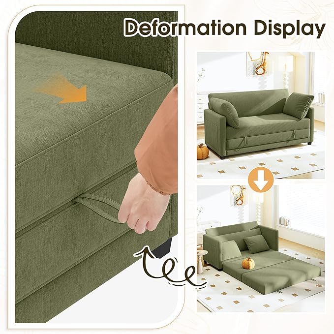 65 Convertible Loveseat Sofa Bed 2 in1 Folding Sofa Bed Loveseat Sleeper Sofa for Small Spaces Fold Out Floor Couch with 2 Pillows for Apartment Office &amp Guest Room (Green Chenille 65 inch)