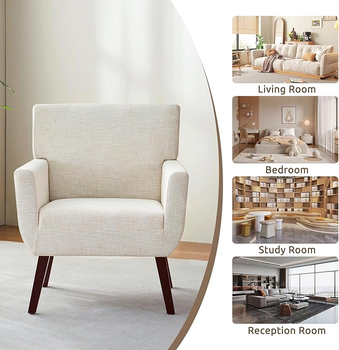 Upholstered Accent ChairMid Century Modern Office Fabric Small Living Room Chair with ArmComfy Wingback Armchair for Bedroom Reading (Beige 2 PC)
