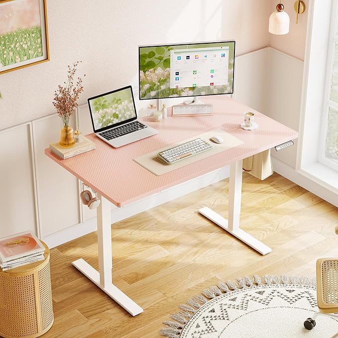 OffiGo Electric Height Adjustable Standing Desk 40 Inch Pink Computer Desk for Women Girls Sit Stand Table for Home Office Bedroom