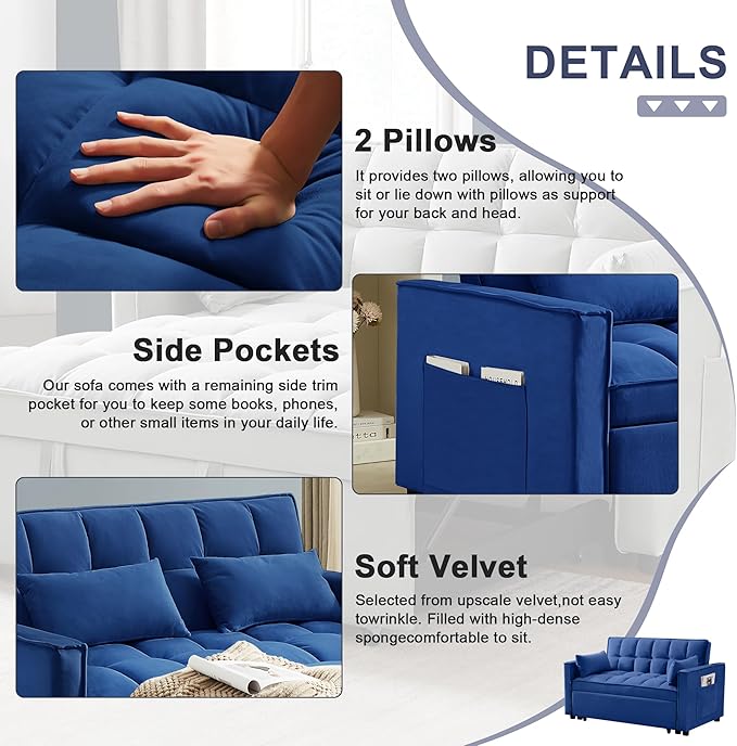 55.2'' Pull Out Couch 2-Seater Sleeper Loveseat 3-in-1 Reclining Sofa Bed Futon Adjustable Backrest with Pillows Pockets Couch for Living Room Apartment Lounge Blue